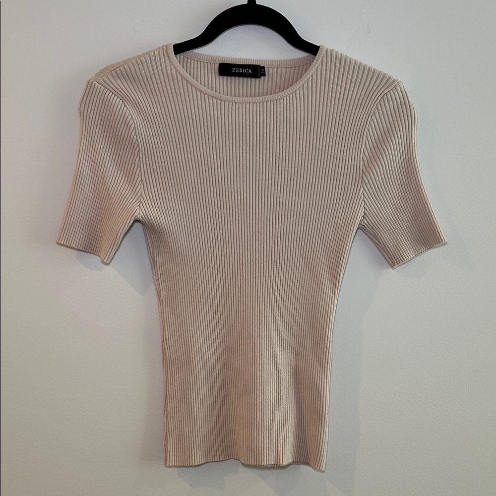ZESICA Women's Short Sleeve Ribbed Top - Cream